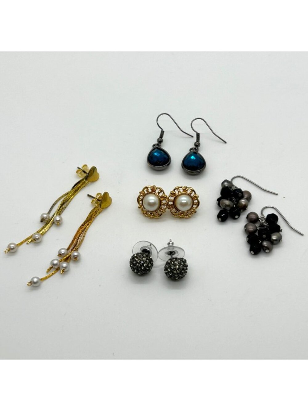 Modernist Earring Lot 5 Pairs Gold-Tone Faux Pearl Rhinestone Stud Dangle